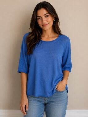 Eileen Fisher Organic Linen Cotton Boxy Knit Top Blue Short Sleeve S